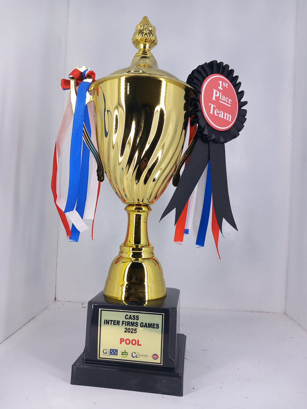 Branded Trophy with Rosette - 35cm Gold Trophy with Custom Ribbon