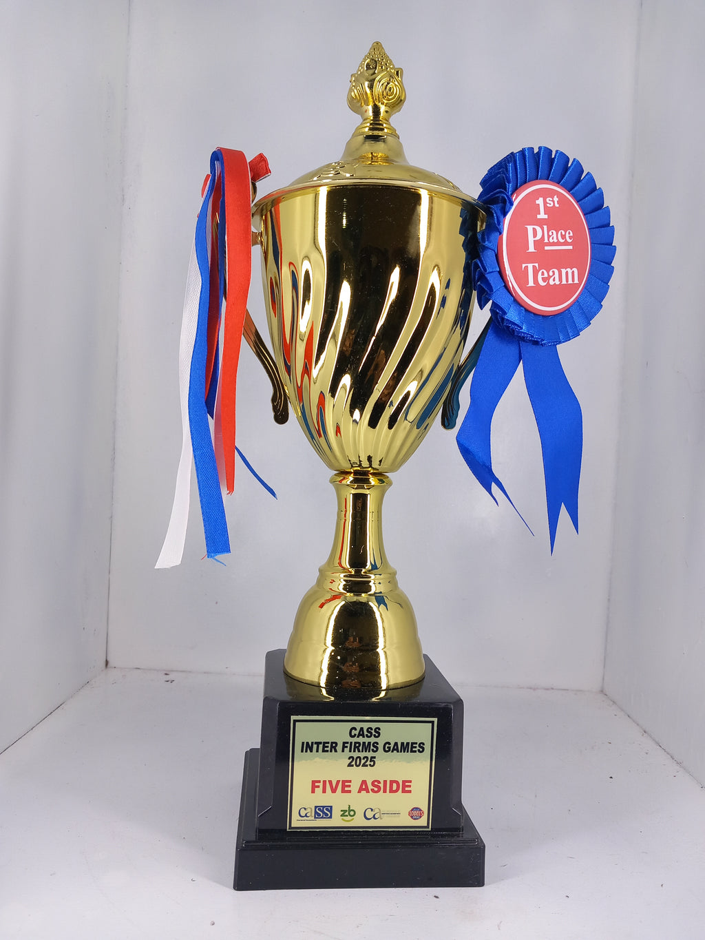 Branded Trophy with Rosette - 35cm Gold Trophy with Custom Ribbon
