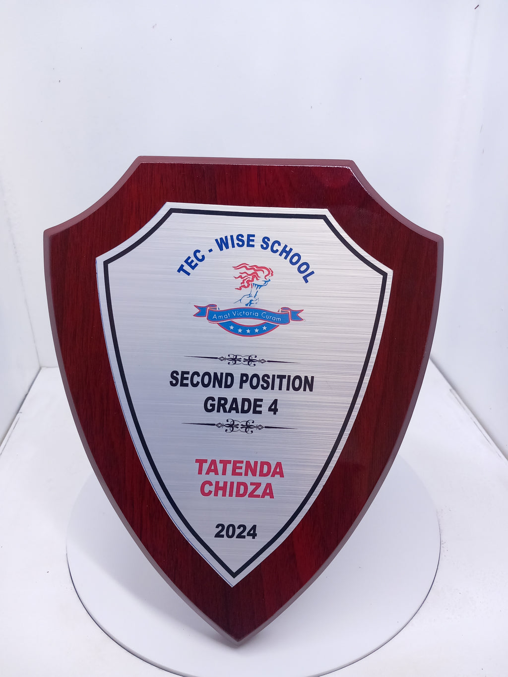 Pointed Shield Wood Plaque - Classic Award with Metallic Finish