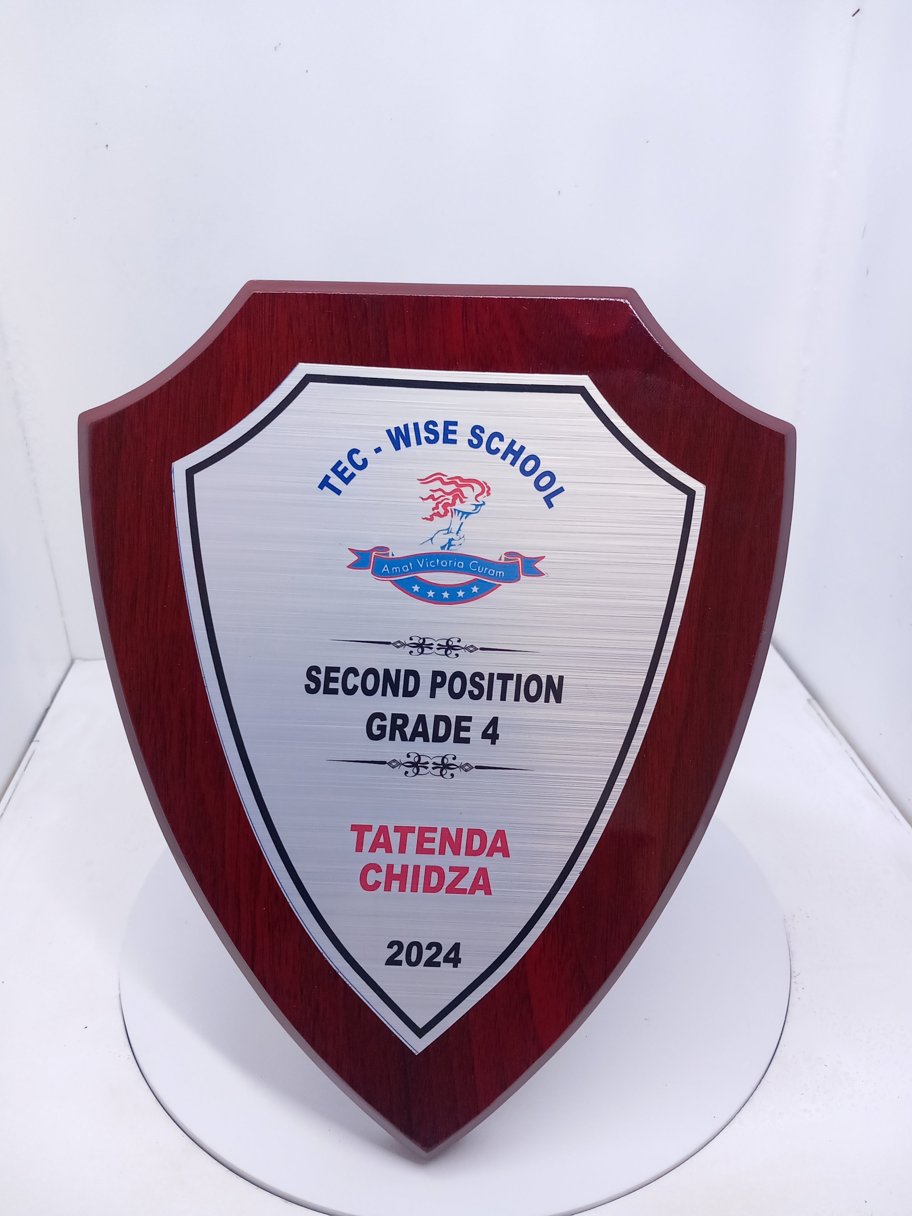 Pointed Shield Wood Plaque - Classic Award with Metallic Finish