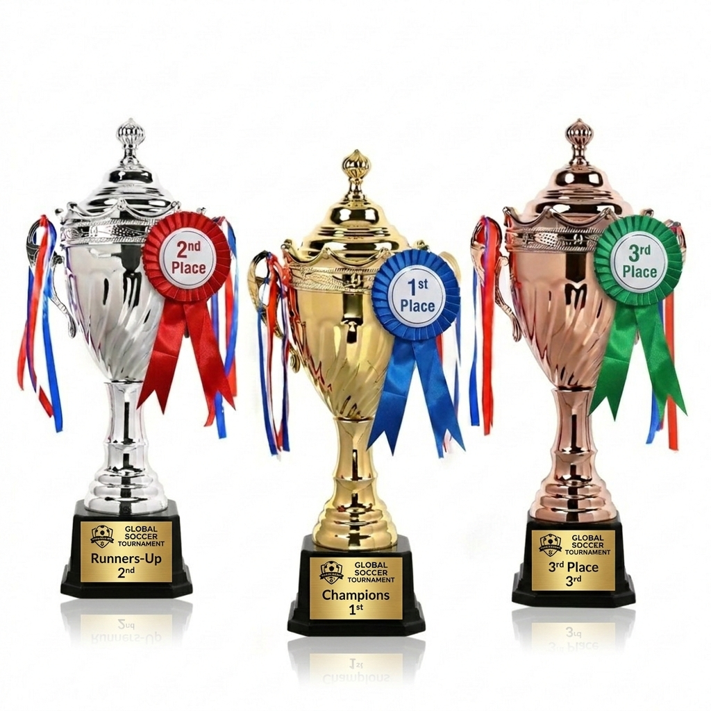 Branded Trophy with Rosette - 35cm Gold, Silver & Bronze Set