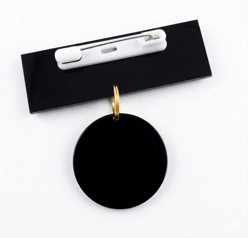 Premium Badge with Drop Dangle - UV Printed Acrylic Name Badge with Hanging Tag