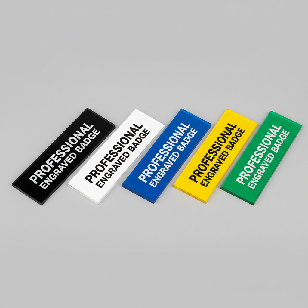 Deep Groove Engraved Acrylic Badges with Ink Paint Infill - Multiple Colors